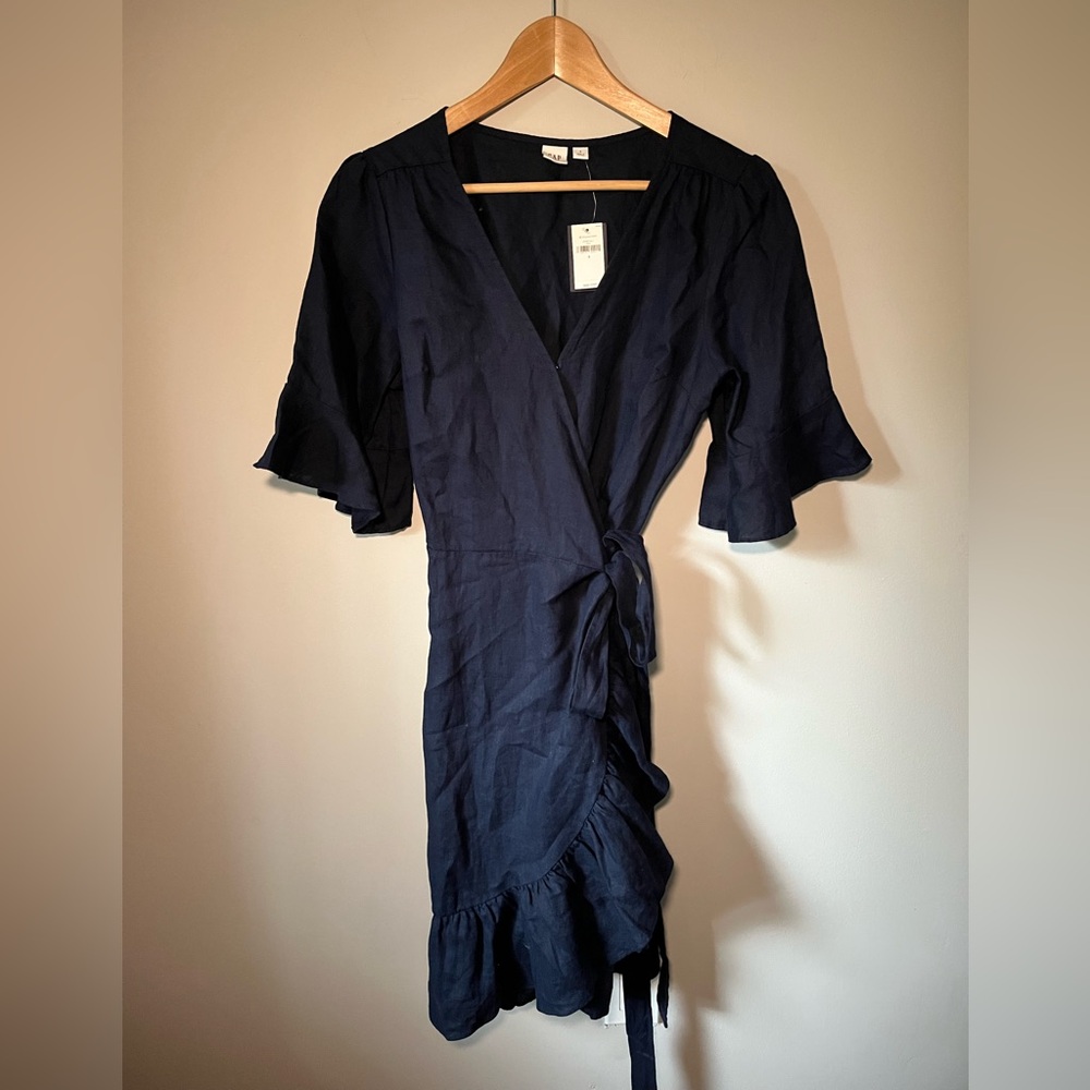 GAP Blue 100% Linen, Ruffled Flutter Sleeve Wrap Sundress Mini - Picture 2 of 6